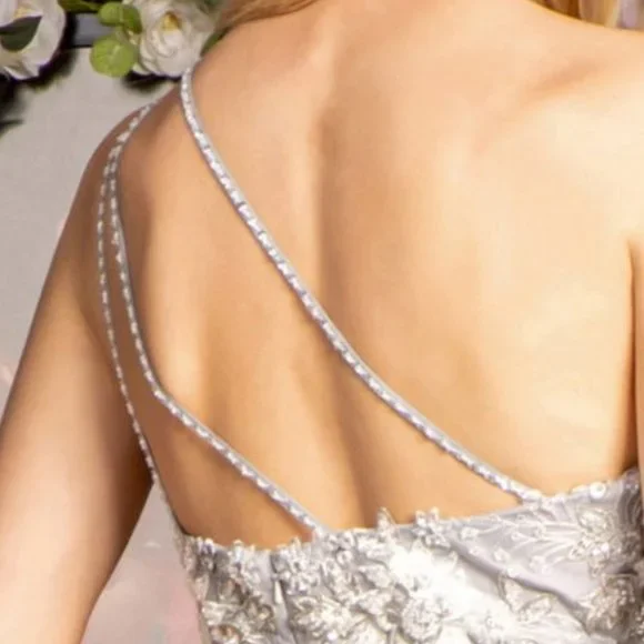 NEW LONG A-LINE SLEEVELESS MESH BEADED DRESS WITH ONE SHOULDER NECKLINE GL3384